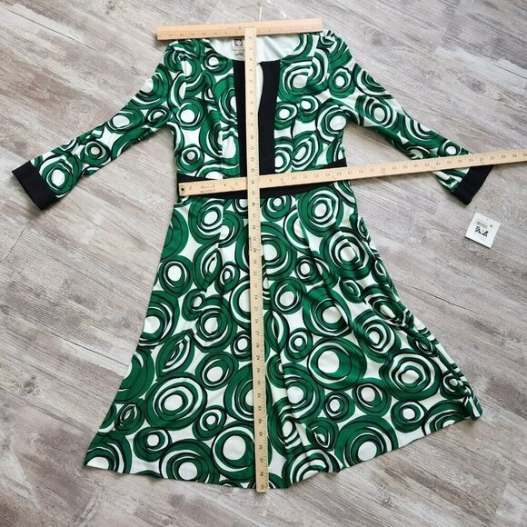 Anne Klein Green Black Circle Abstract Print Midi Keyhole Dress 3/4 Sleeve Sz 6 - Picture 12 of 14